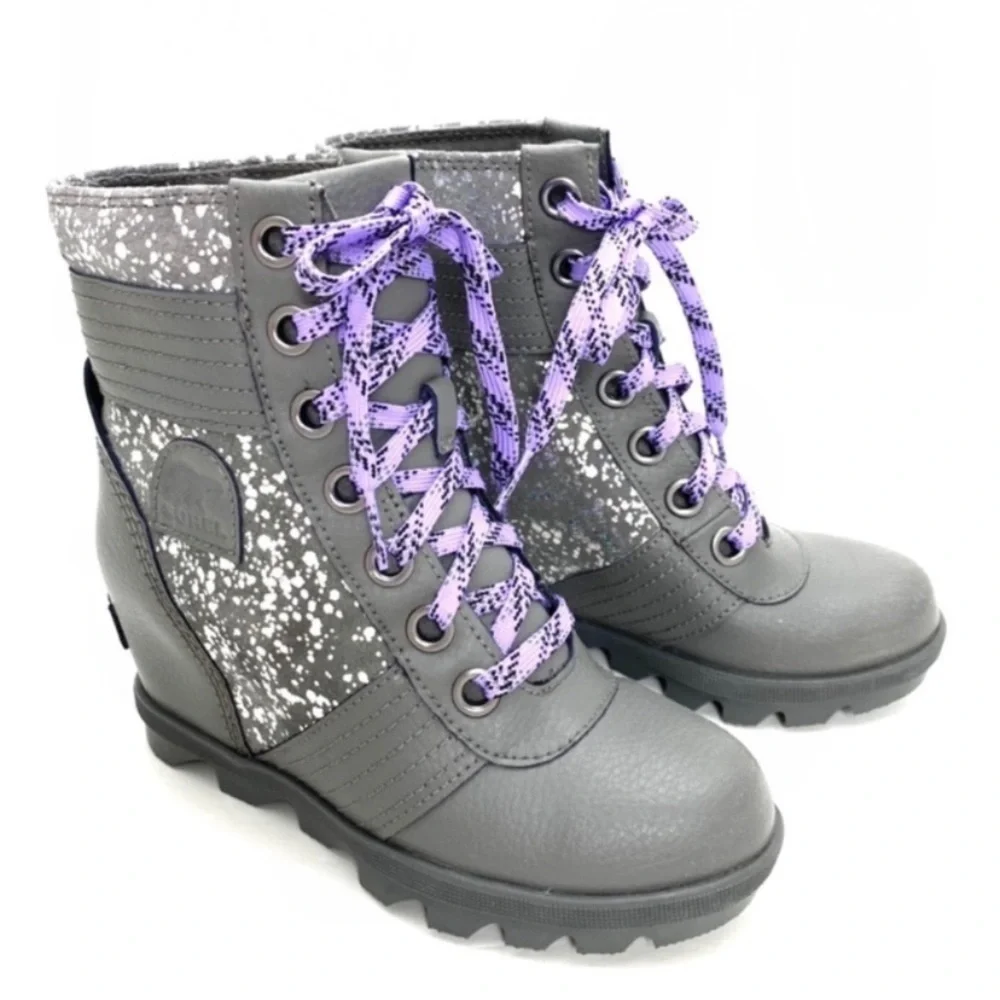 SOREL Lexie Leather Wedge Lace up Boots Metallic Silver Gray Style 182247105